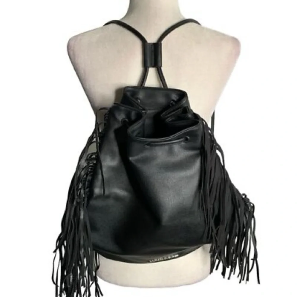 Victoria's Secret Black Faux Leather Fringe Hobo Women's Backpack
